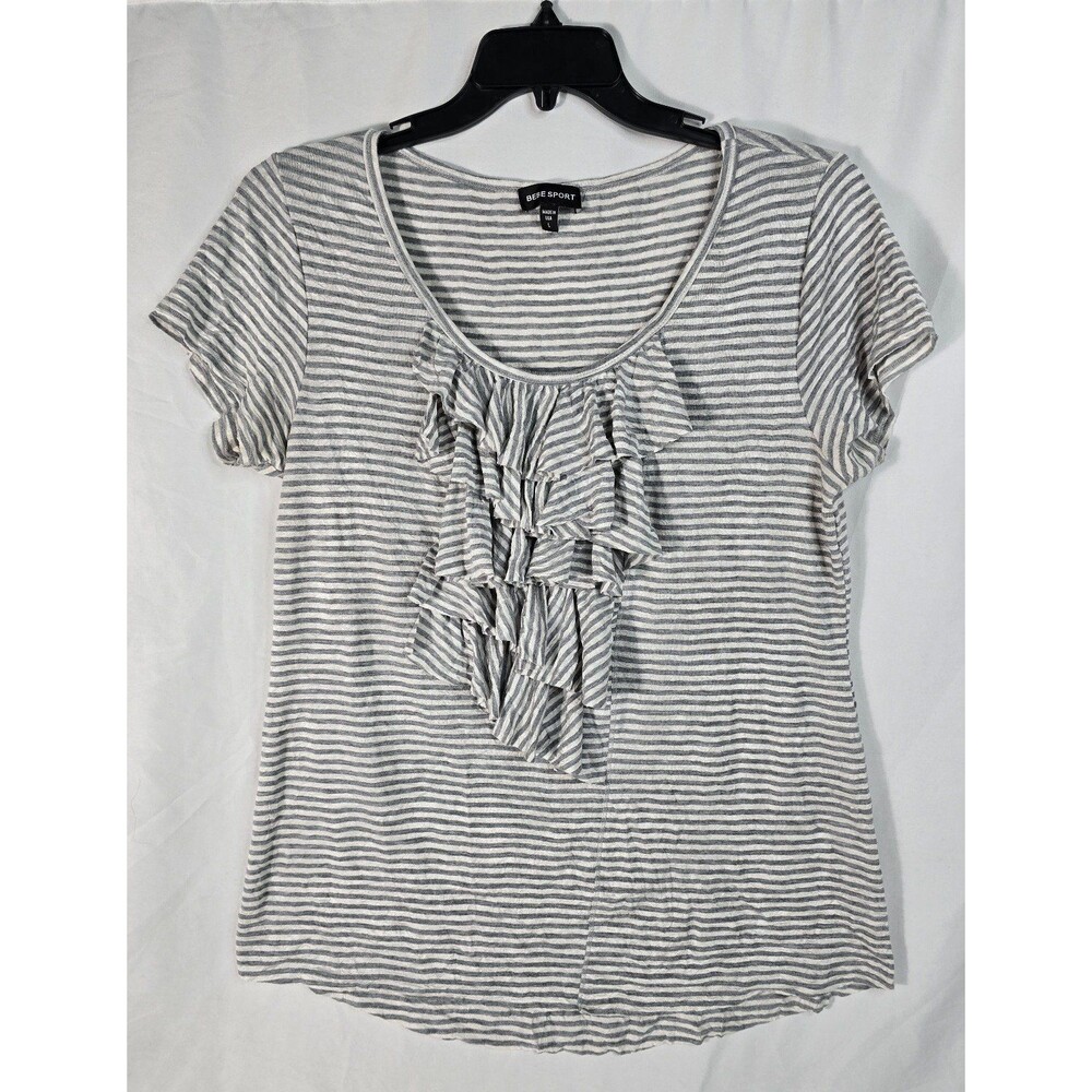 Bebe Sport Striped Front Ruffle Blouse Tee Gray White Short Sleeve